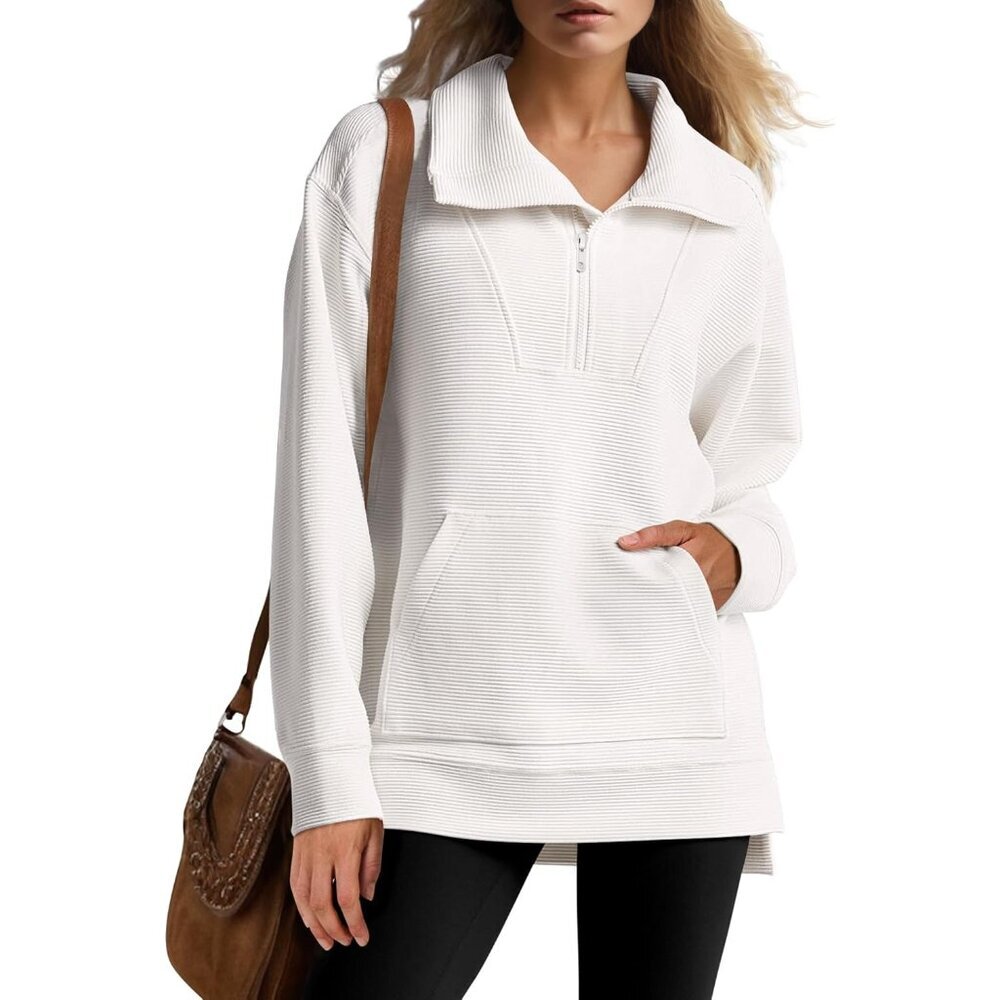 Women's Oversized Ribbed Knit Quarter Zip Tunic Sweatshirt Large
